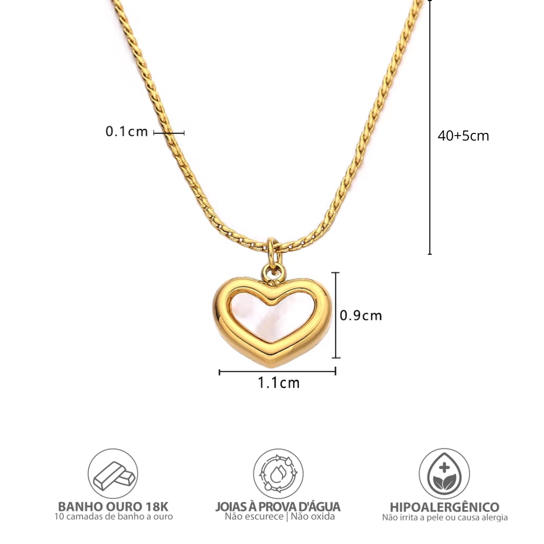 Colar Coração Pérola Banhado a Ouro 18k - Tamanho