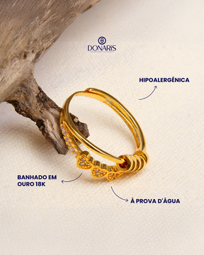 Anel Anti Ansiedade Três Corações Banhado a Ouro 18k
