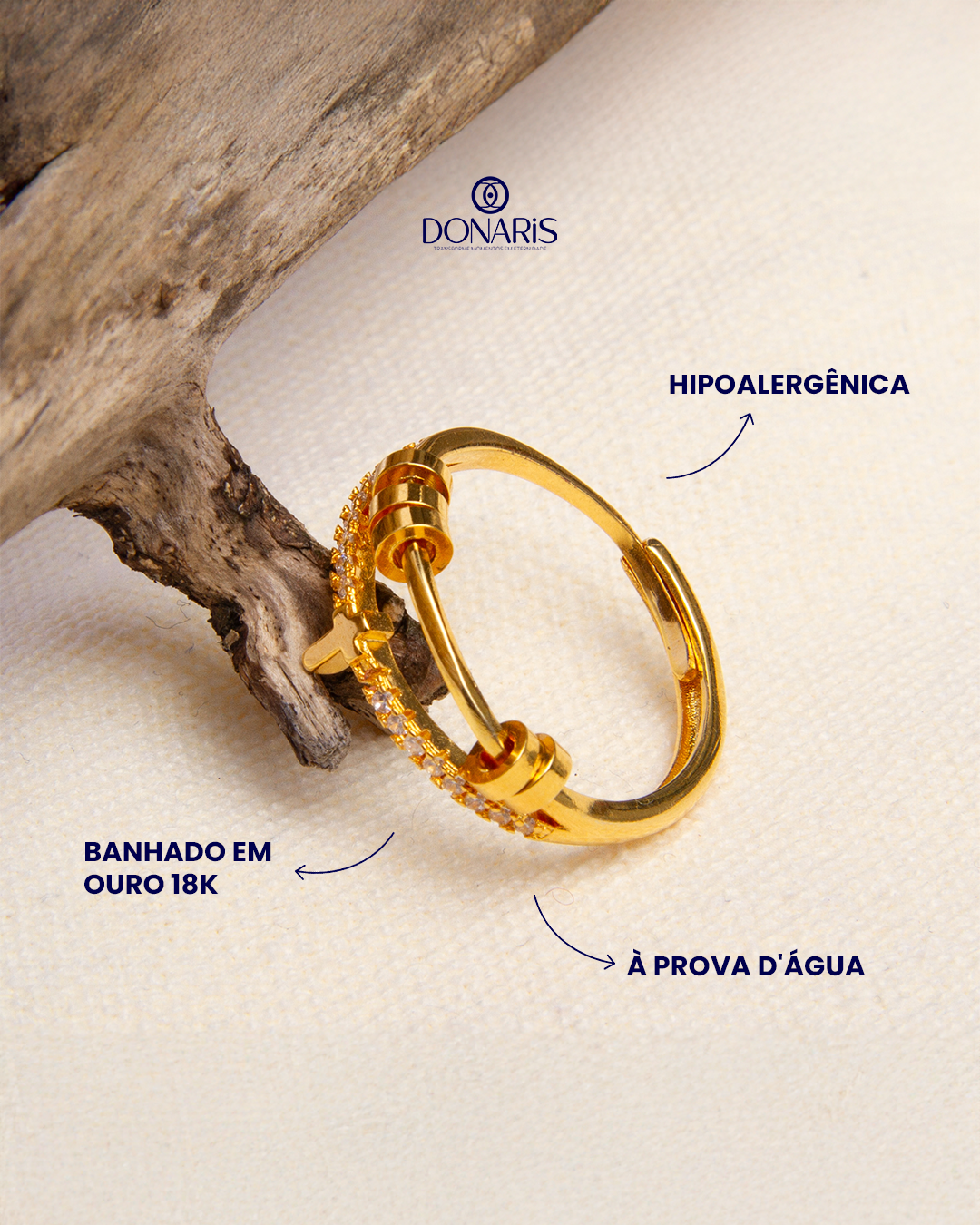 Anel Anti Ansiedade Cruz Banhado a Ouro 18k
